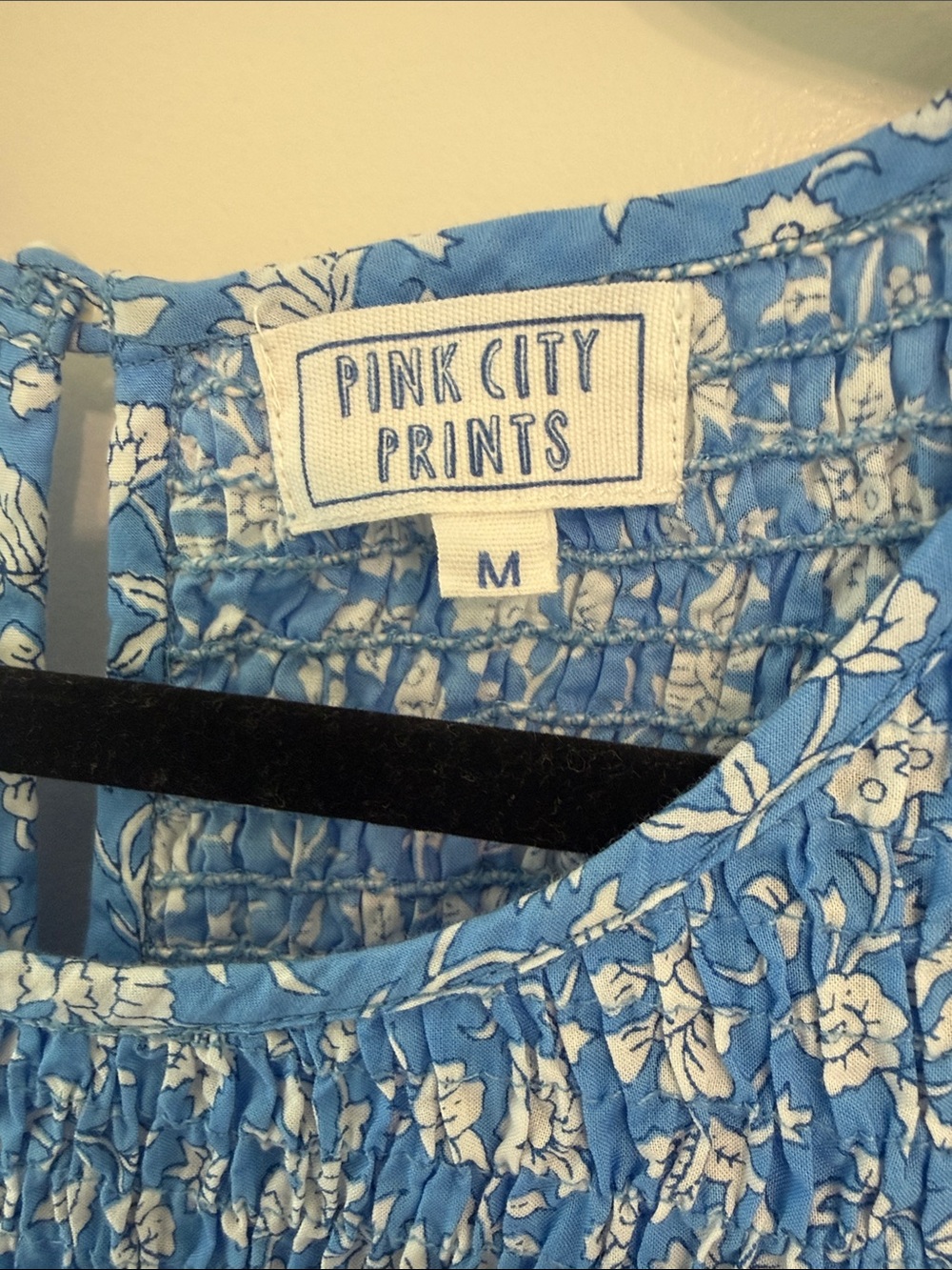 Blue Floral Pink City Prints Dress with Smocked Bodice - Picture 3 of 3